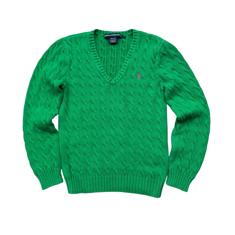 Ralph Lauren Sport Cable Knit V-Neck Sweater Green Pink Pony Y2K Preppy Large